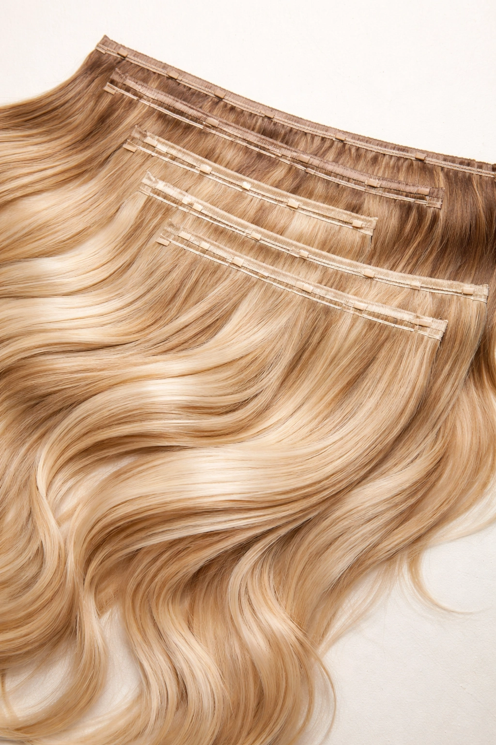 Top-down view of horizontal tracks with wefts laid along in curtain-like layers