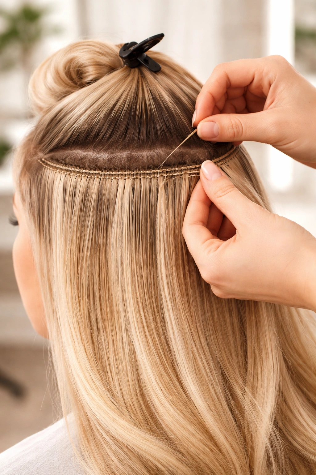 Stylist placing a weft along the crown of a client's head in a salon