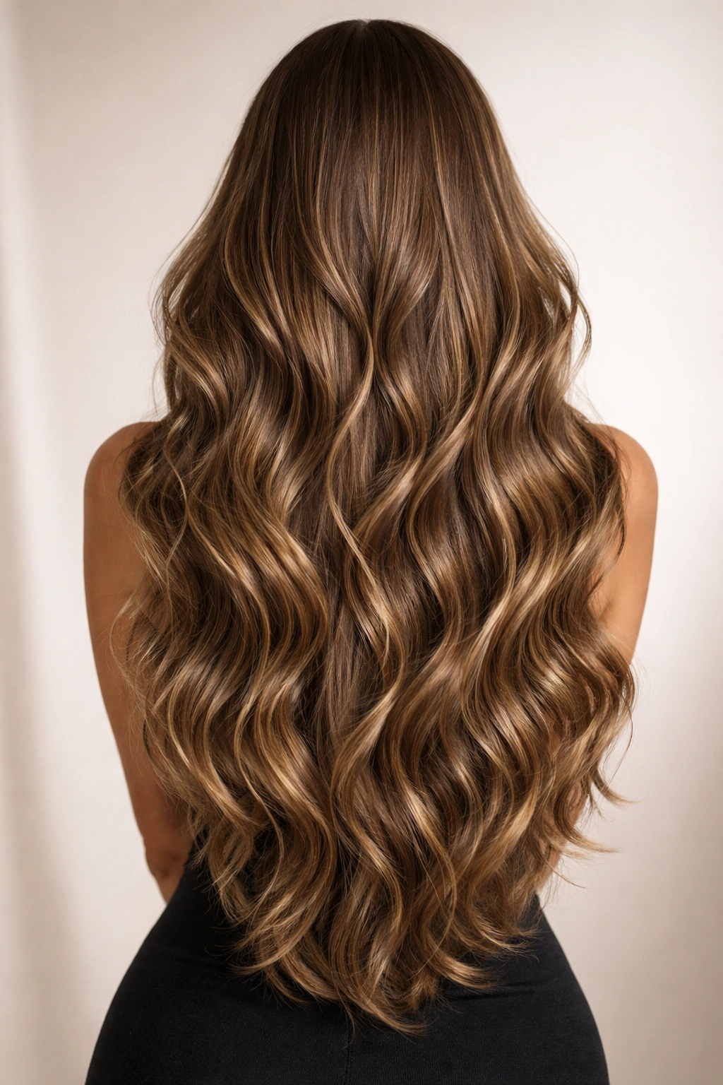Back view of a person with long, thick hair illustrating suitability for weft extensions