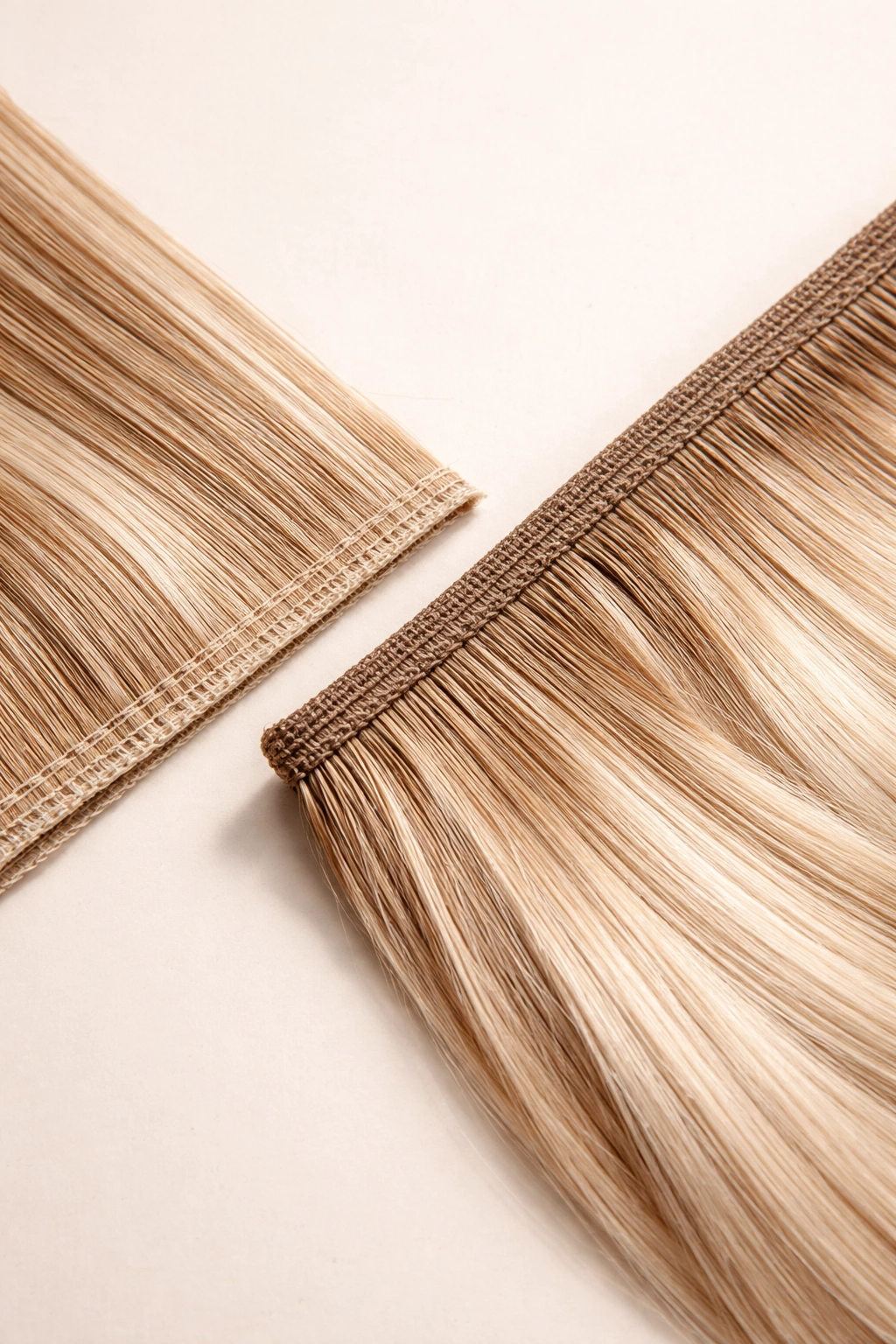 Side-by-side view of hand-tied and machine wefts on a neutral surface