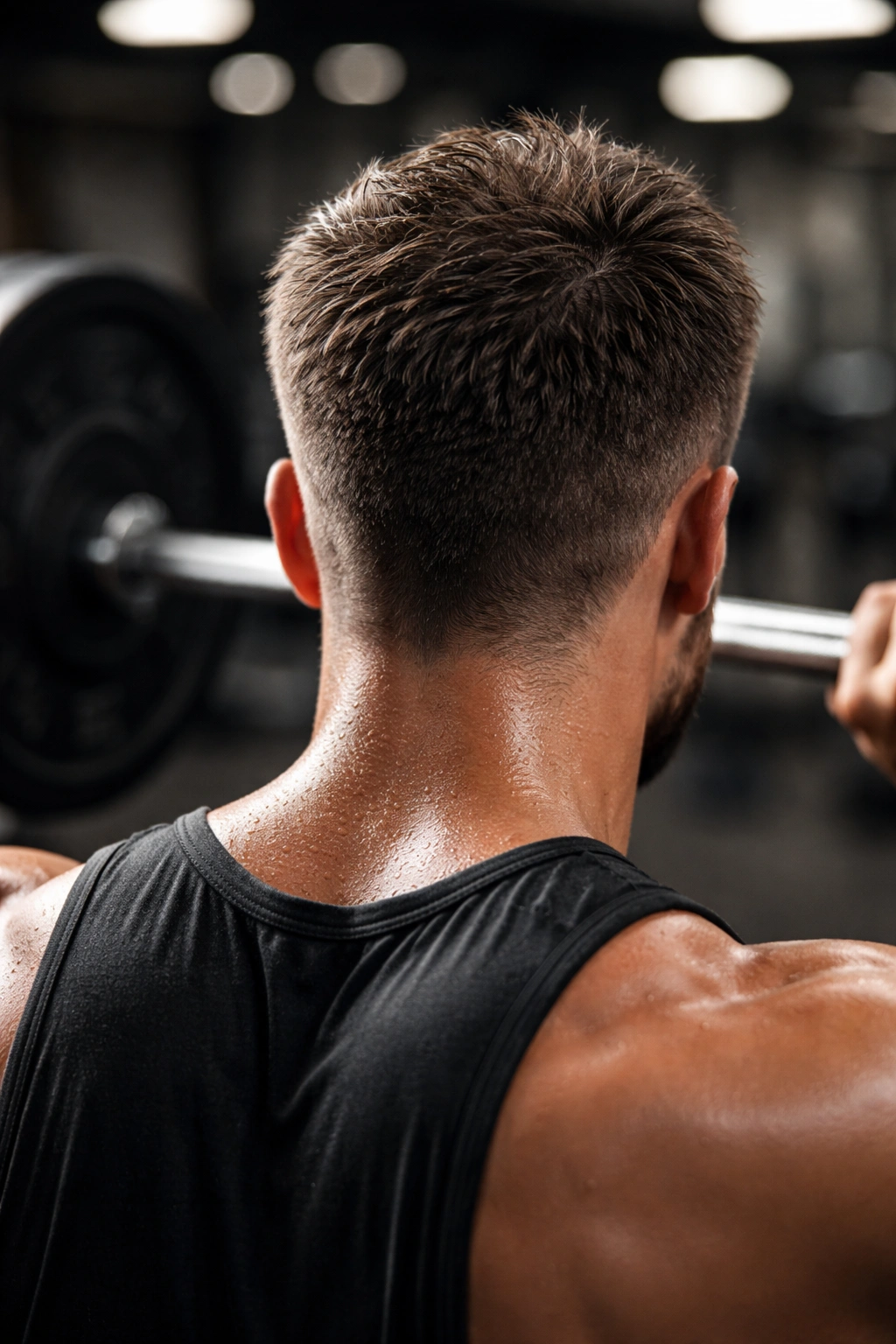 Close-up of head with short hair and a blurred barbell in a gym background