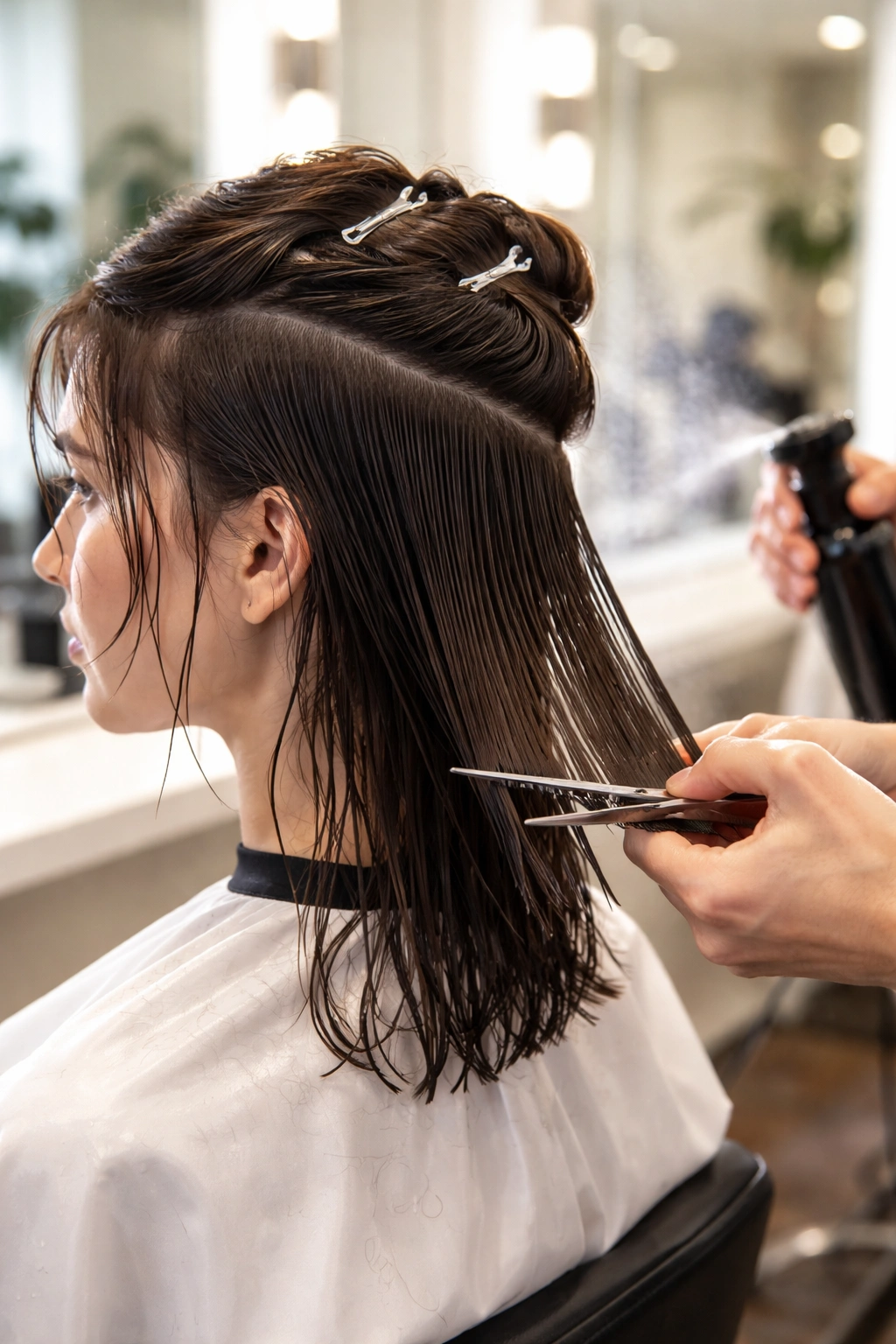 Professional stylist performing a wet haircut in a modern salon