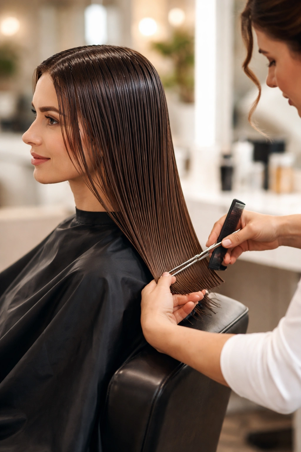 Straight hair being wet-cut for sleek, even ends