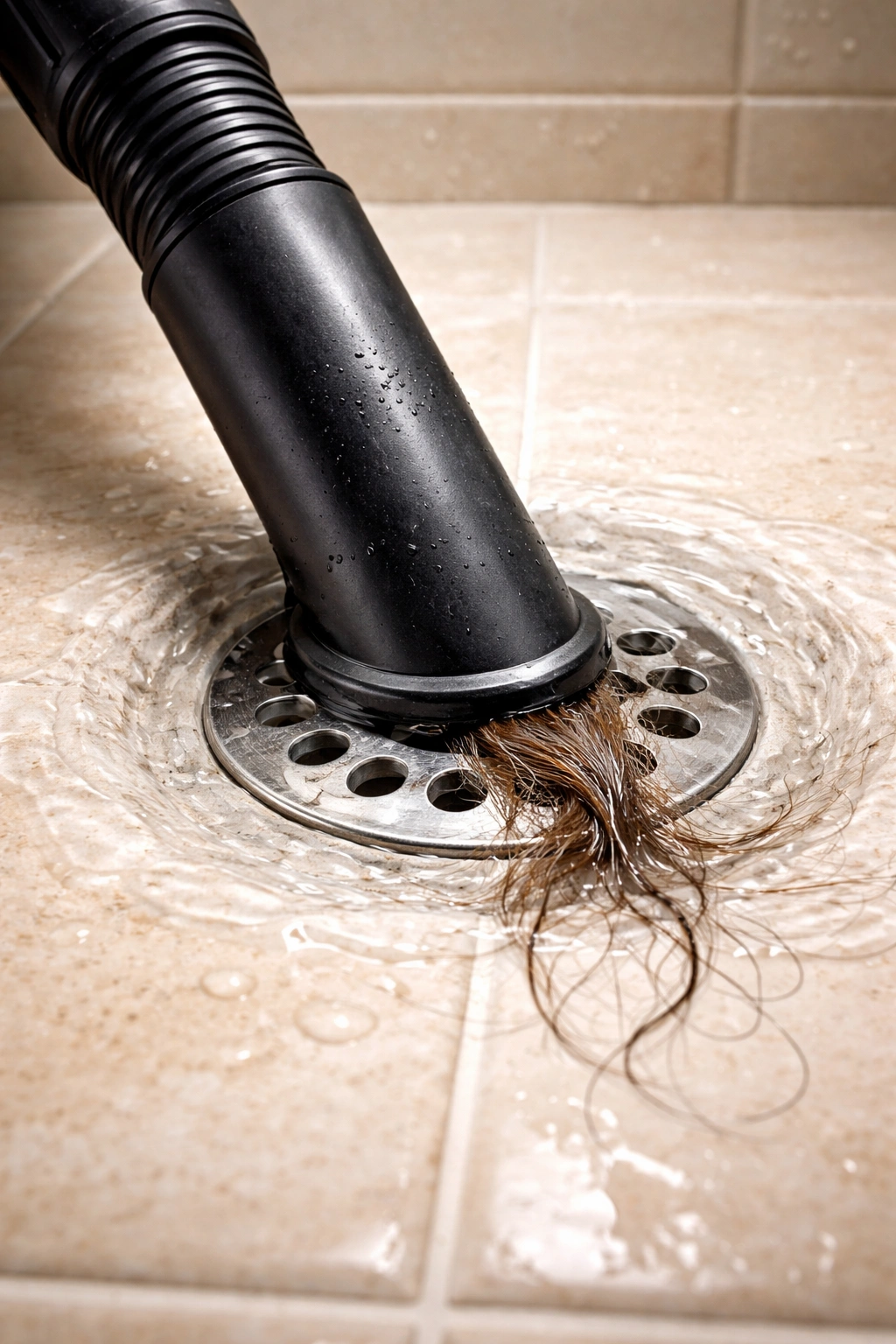 Vacuum nozzle over a shower drain drawing out hair
