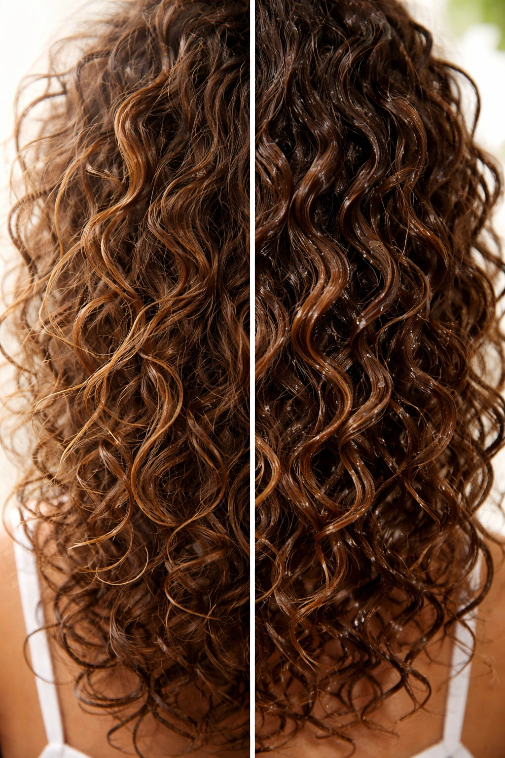 Split-frame showing dry and refreshed curls after daily misting
