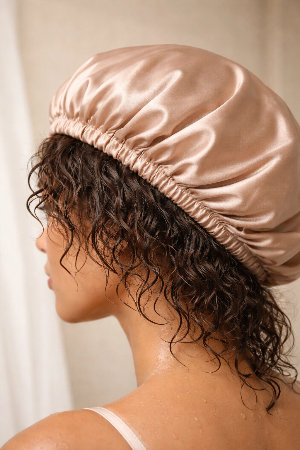 Damp hair peeking out from under a satin bonnet