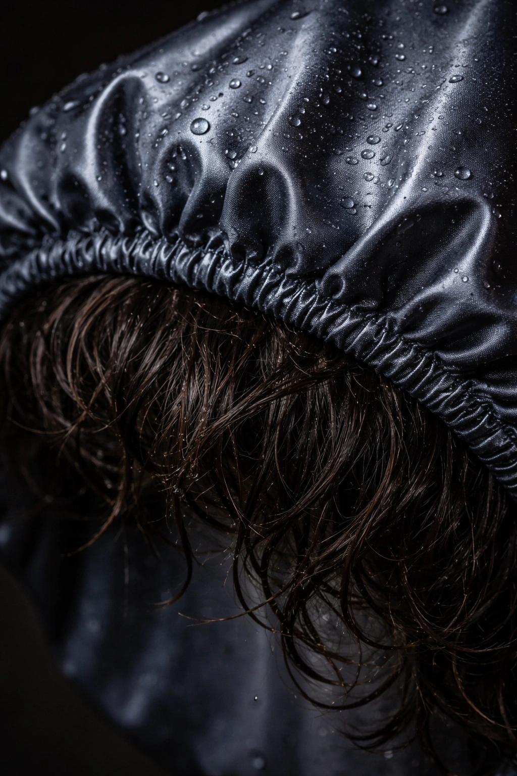 Moisture-damp hair at the edge of a satin bonnet