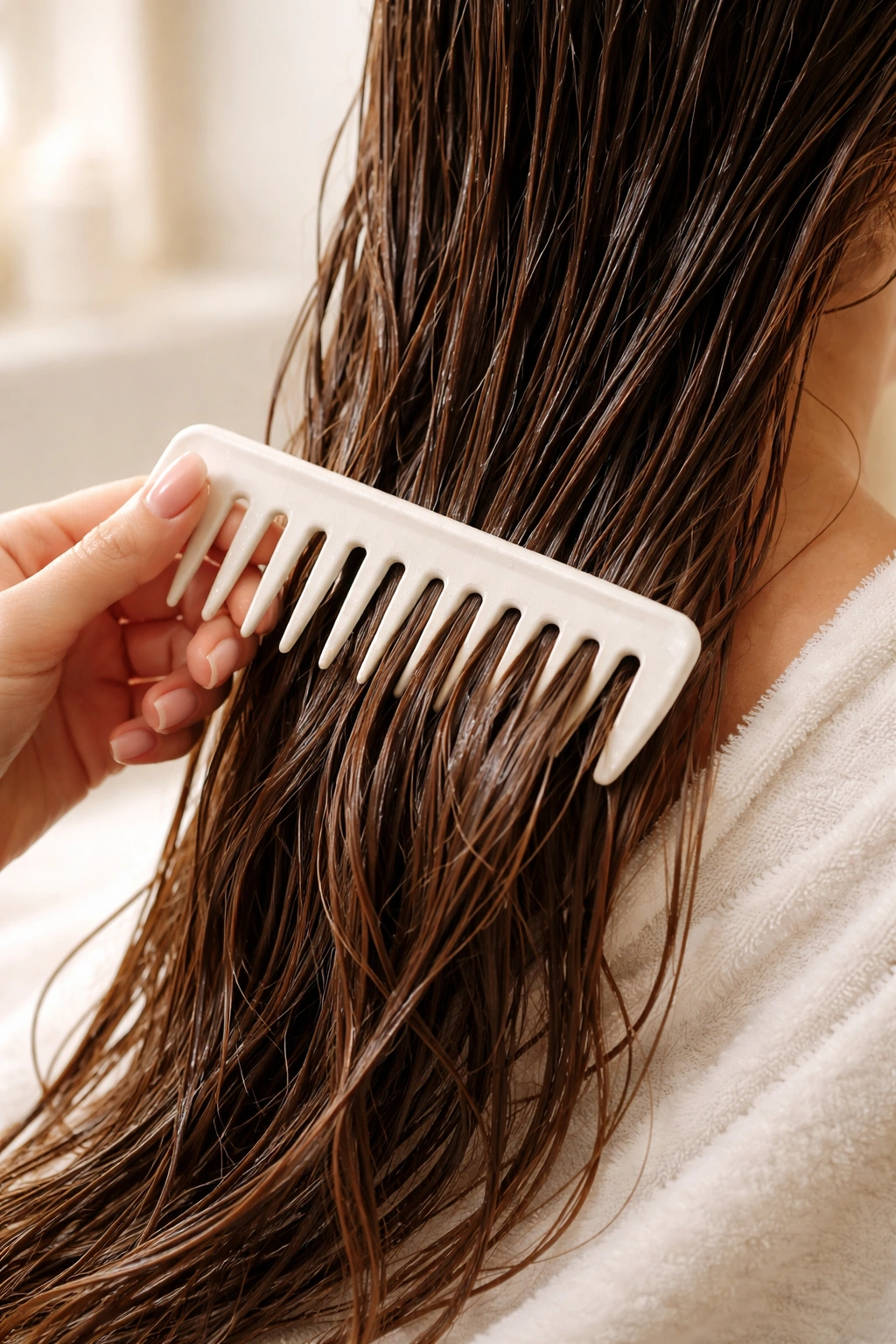 Close-up of damp hair being detangled with a wide-tooth comb