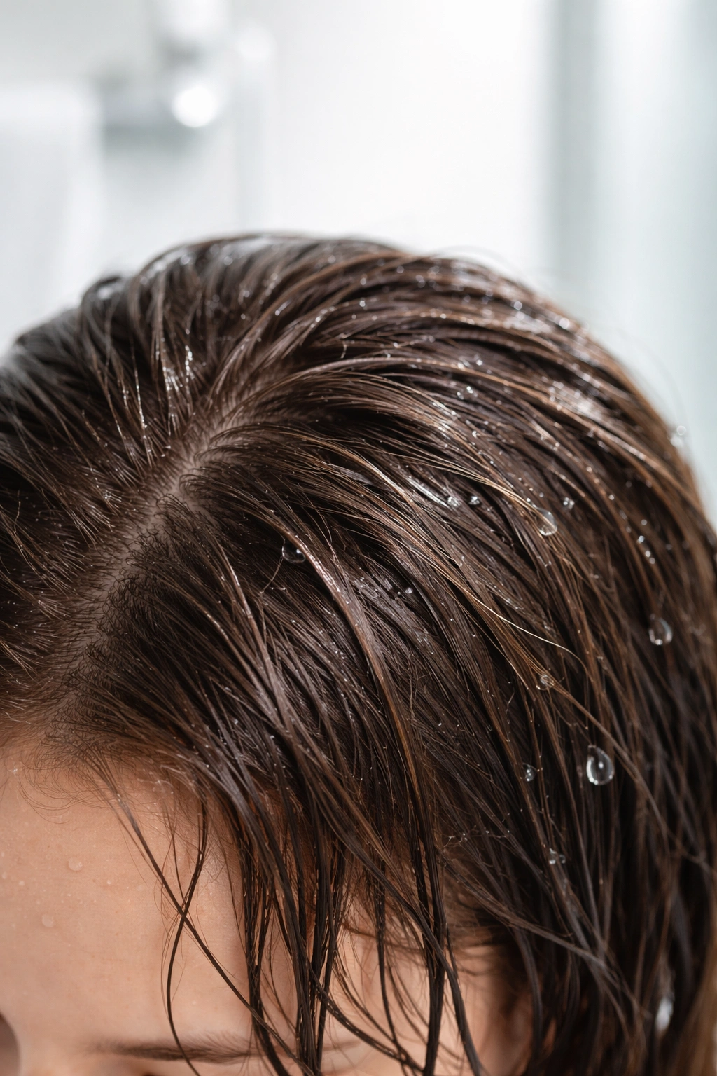 Damp, fragile hair close-up with water droplets