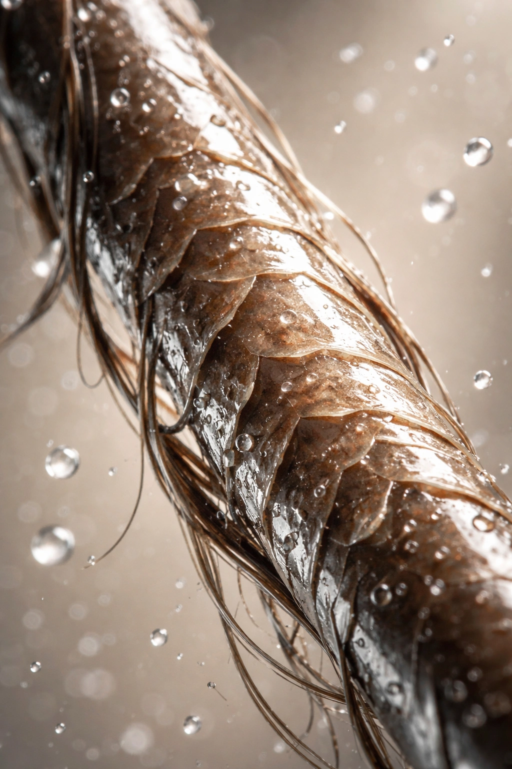 Close-up of a single wet hair strand with lifted cuticle and glossy moisture