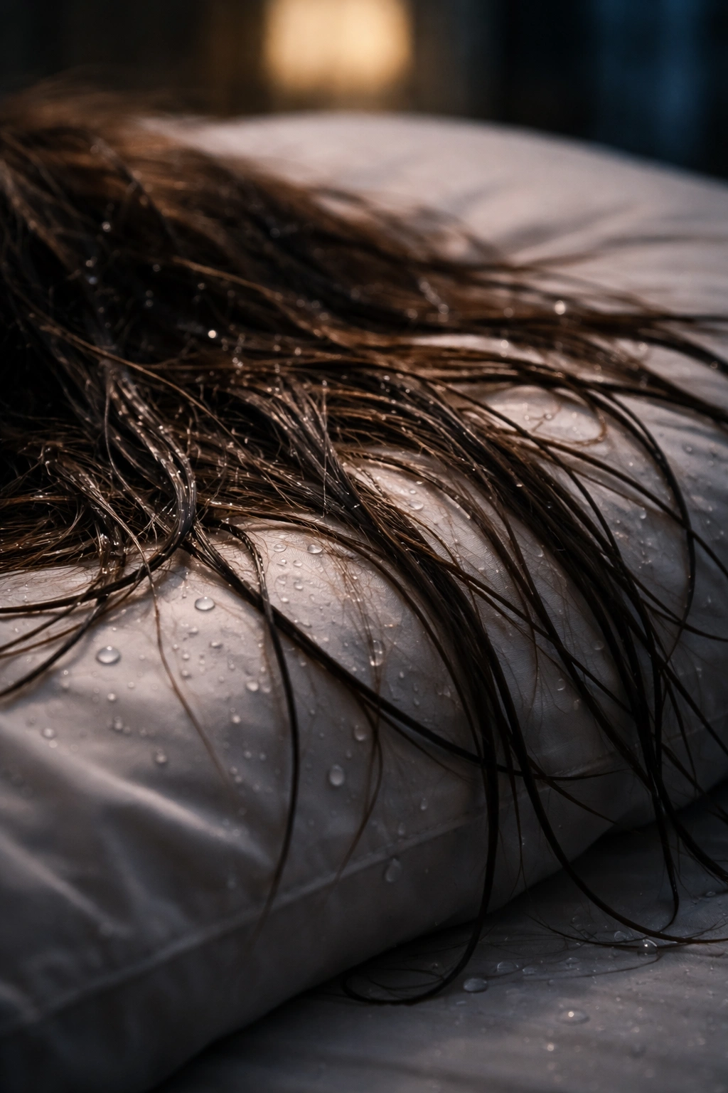 Wet hair laid on a pillow showing potential nighttime damage