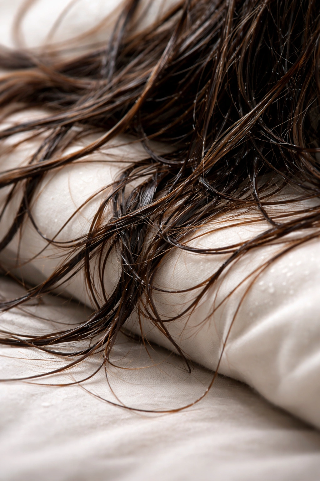 Close-up of tangled wet hair showing potential breakage against soft surface