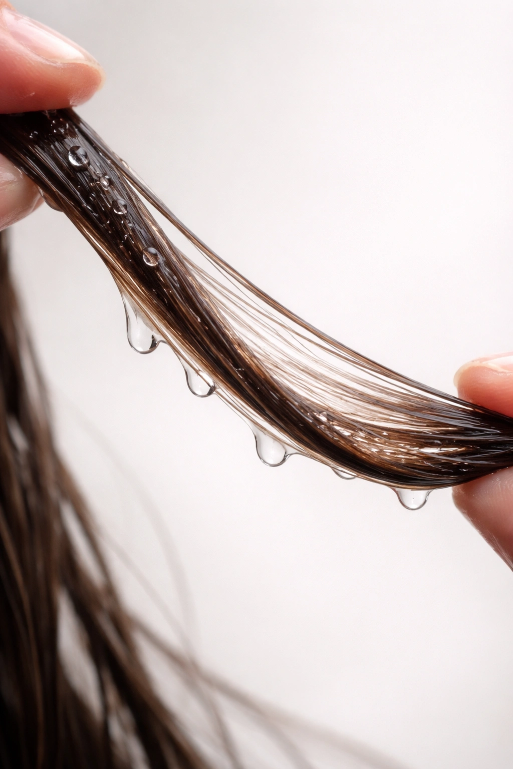 Wet hair strand with glossy moisture showing high stretch potential