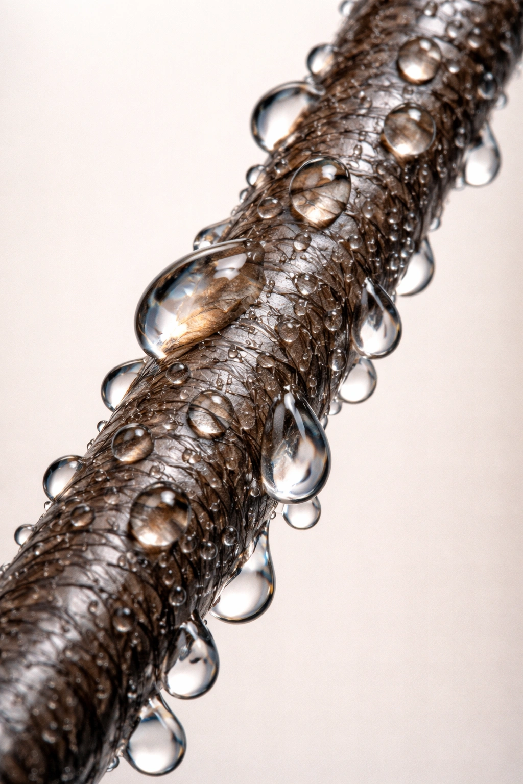 Close-up of a wet hair strand with water droplets showing cuticle swelling
