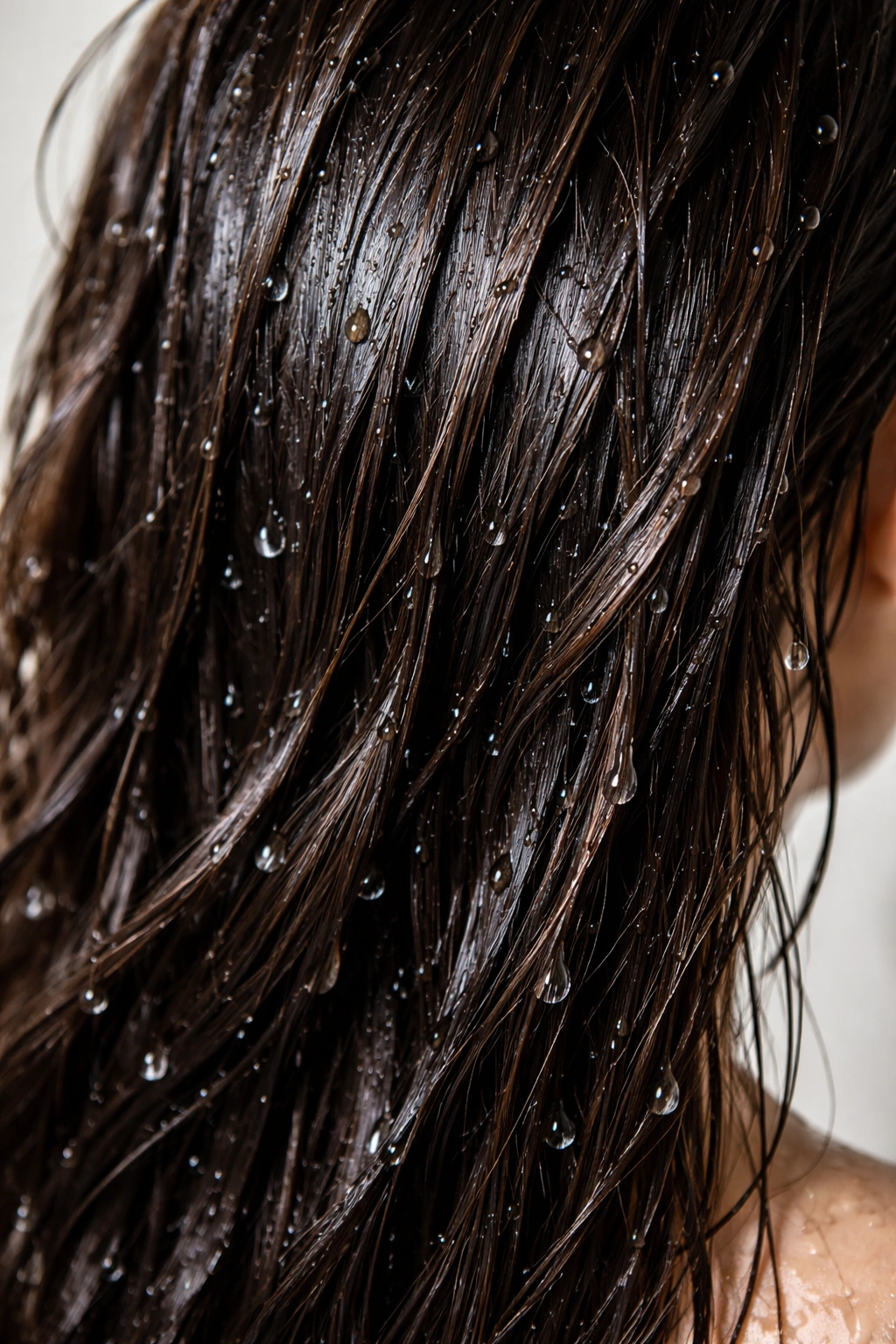 Close-up of soaking wet hair strands with water droplets