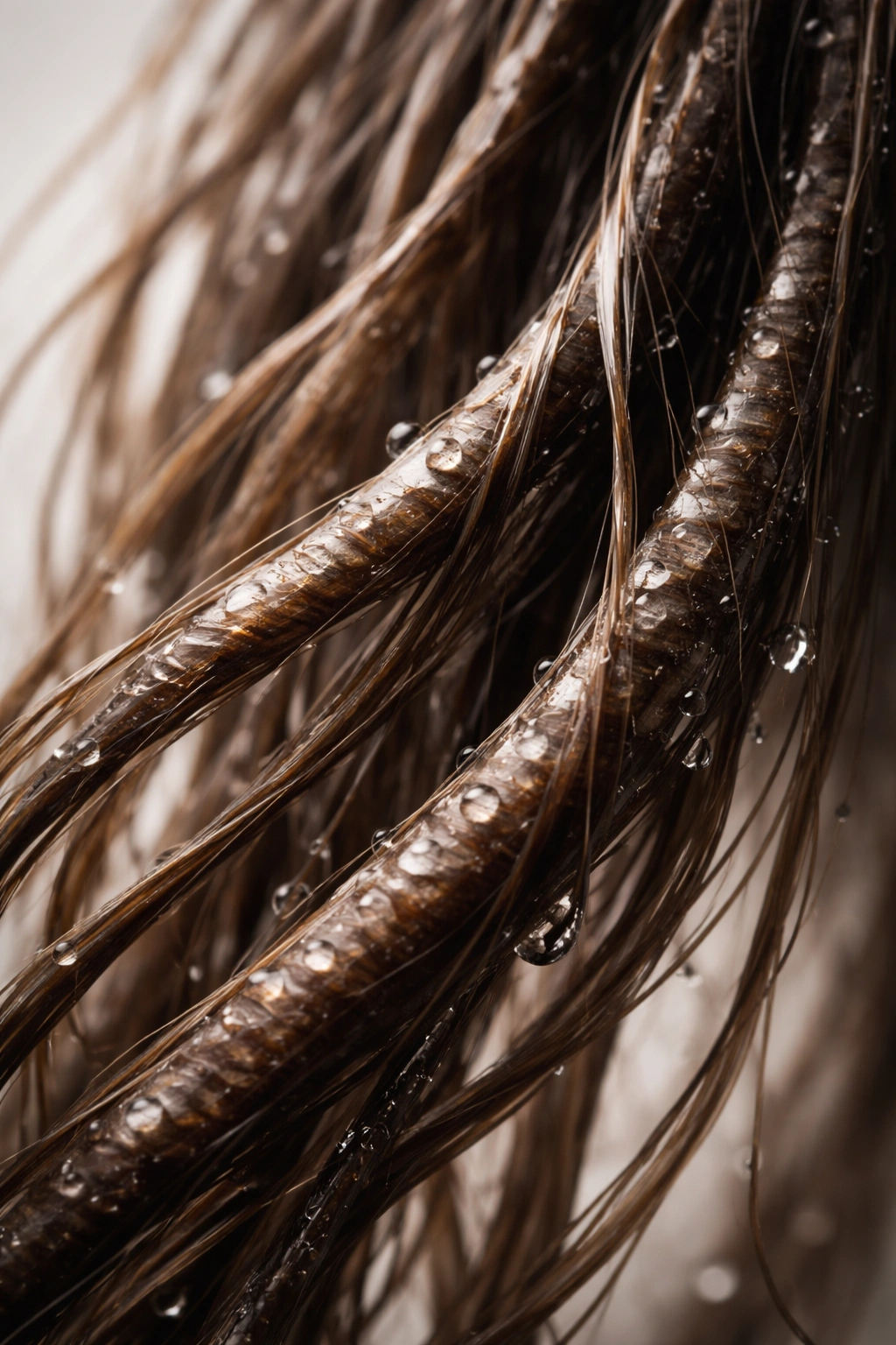 Close-up of wet hair strands showing swollen cuticles and elasticity