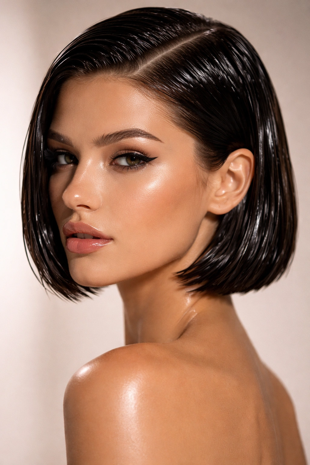 12 Modern Bob Cuts For Straight And Wavy Hair 10 Blunt wet-look bob with high-shine, sleek finish.
