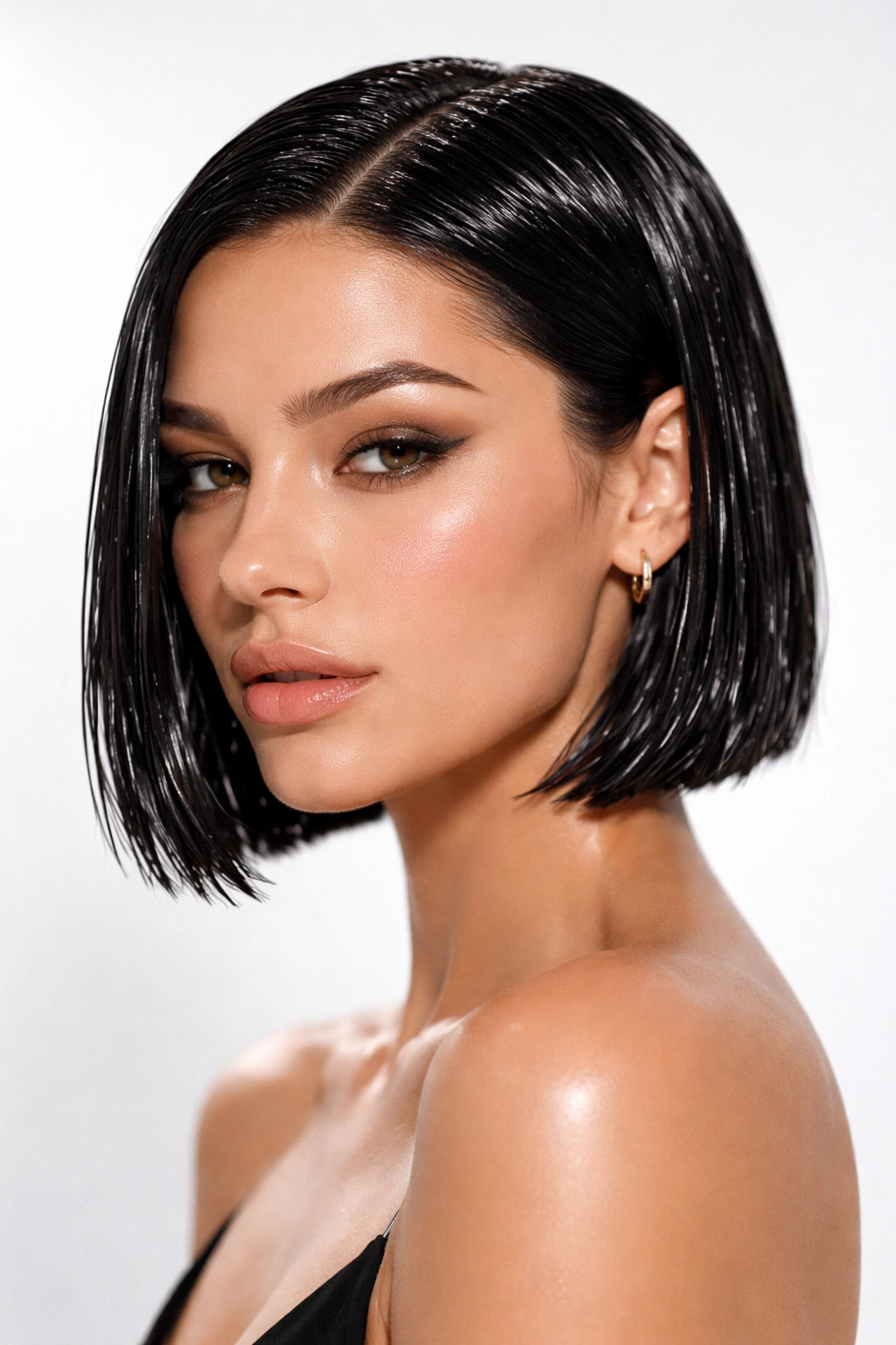 Model with chin-length wet-look bob showing glossy finish