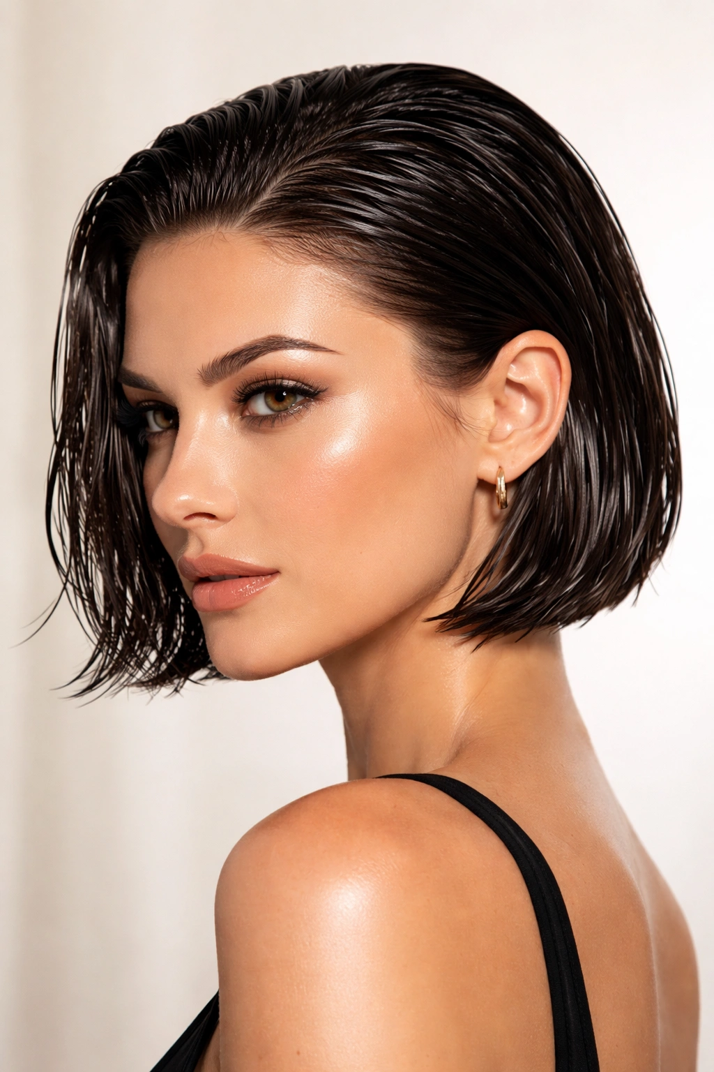 Wet-look bob with sleek glossy damp finish