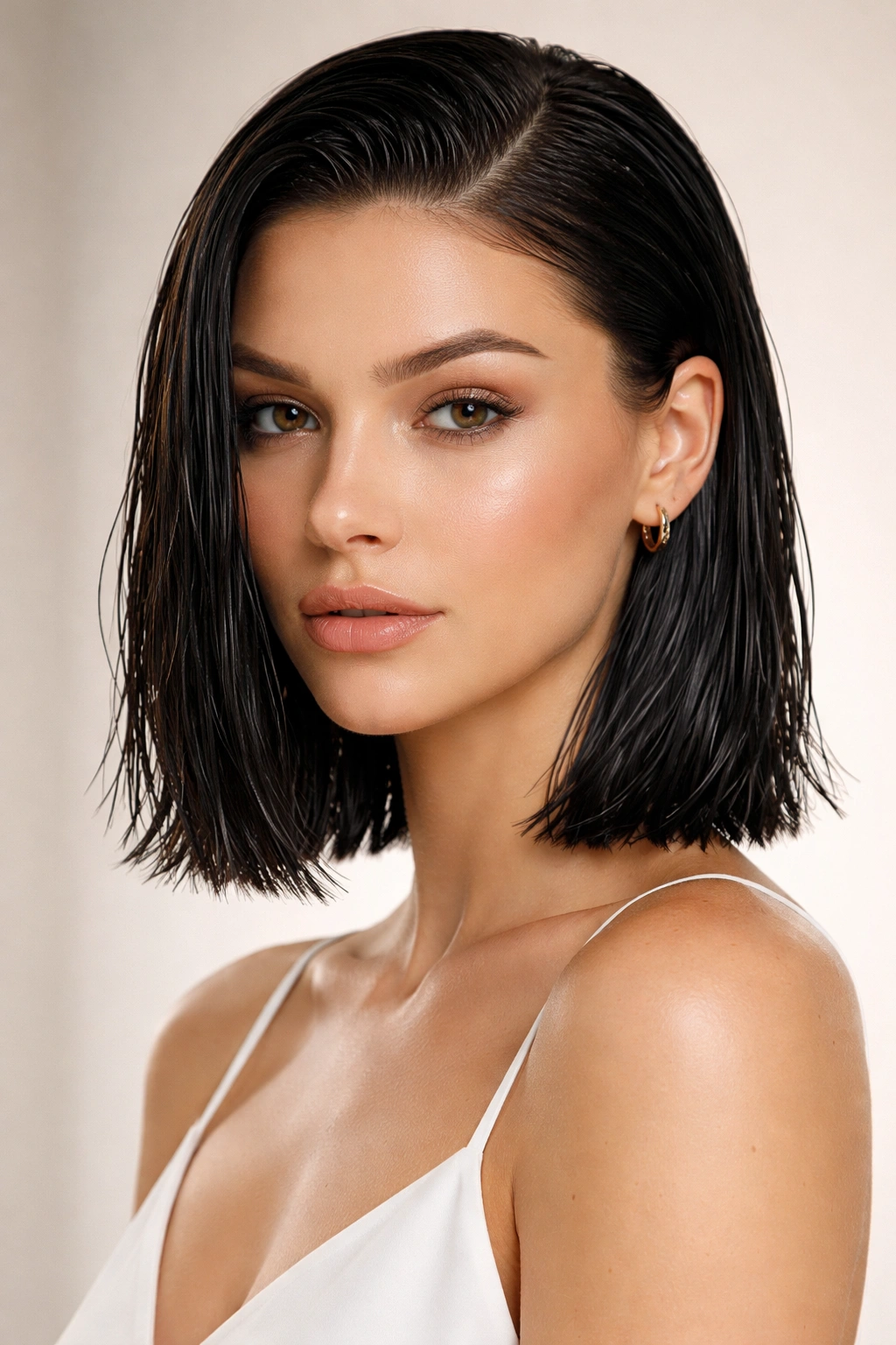 18 Shoulder Length Cuts That Flatter Everyone 8 Wet-look shoulder-length bob with glossy, slicked-back strands under studio lighting.