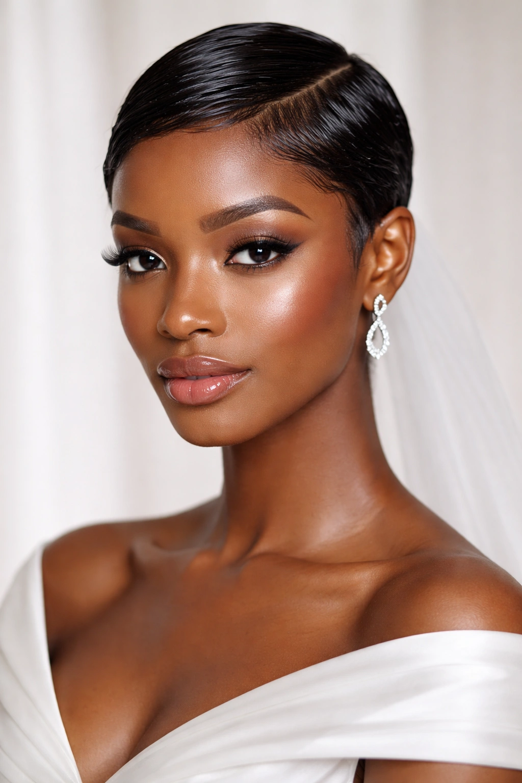 Bride with a wet-look sleek crop showing high shine and bone structure