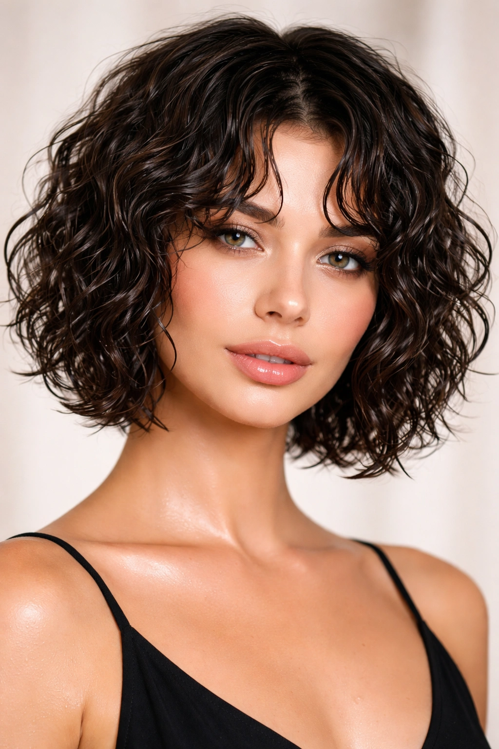Glossy wet-look choppy curly bob with clearly separated curls.