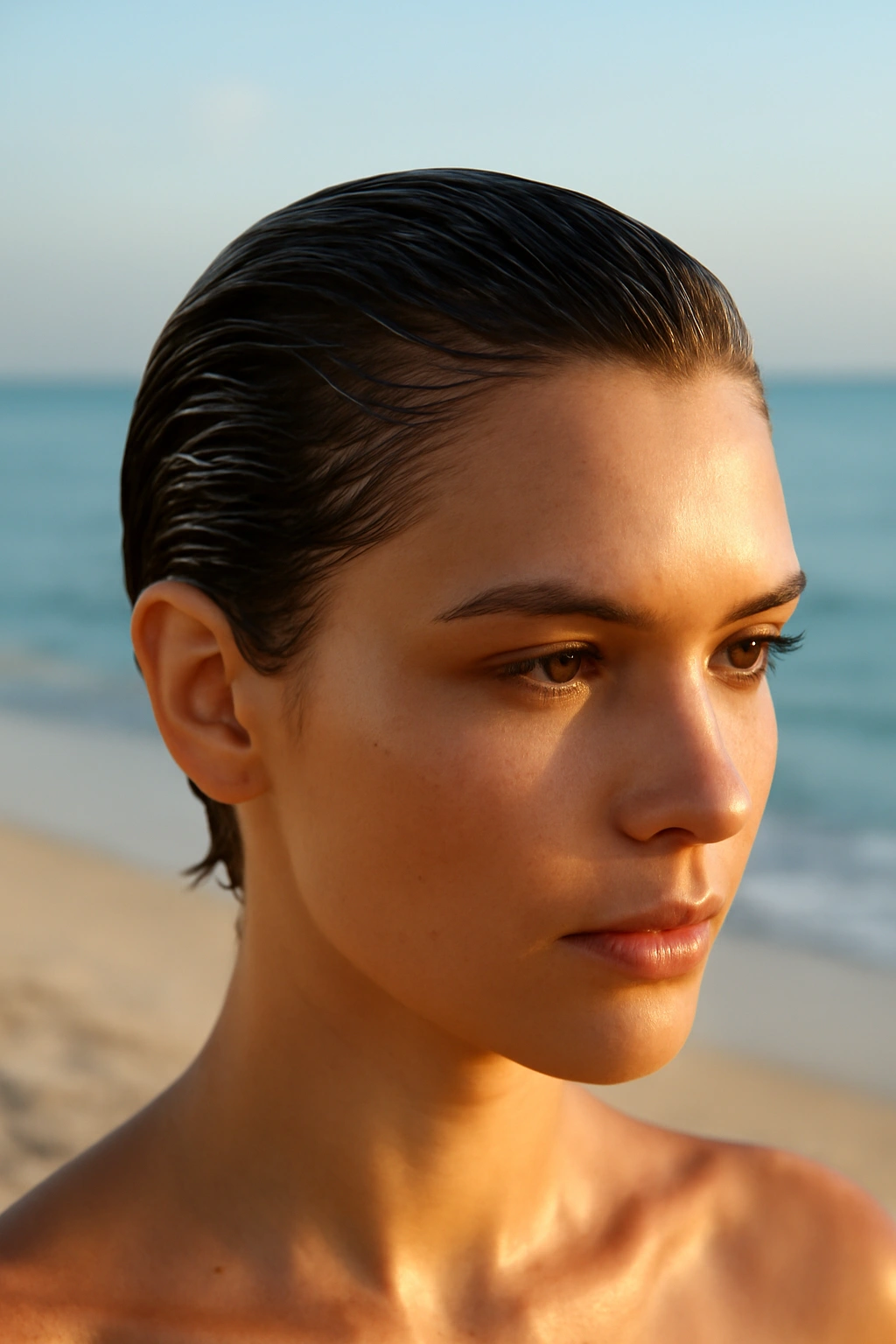 10 Beach Vacation Hairstyles for Short-Haired Women 7 Close-up of short hair with a wet gel look at the beach