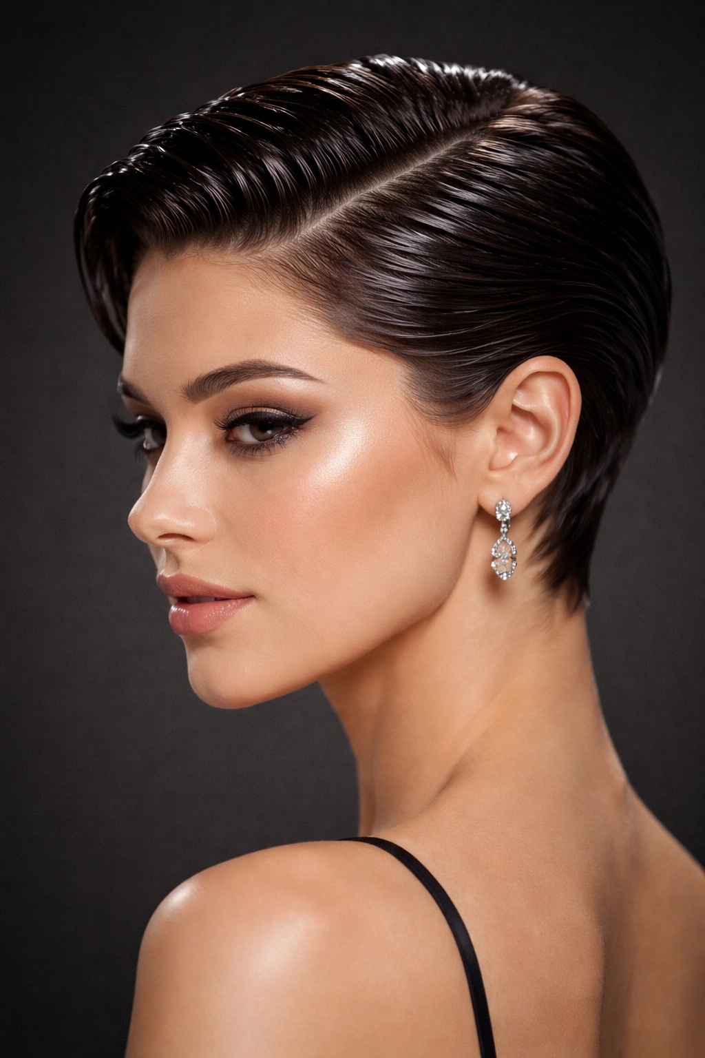 Close-up of short hair with a wet-look gel finish