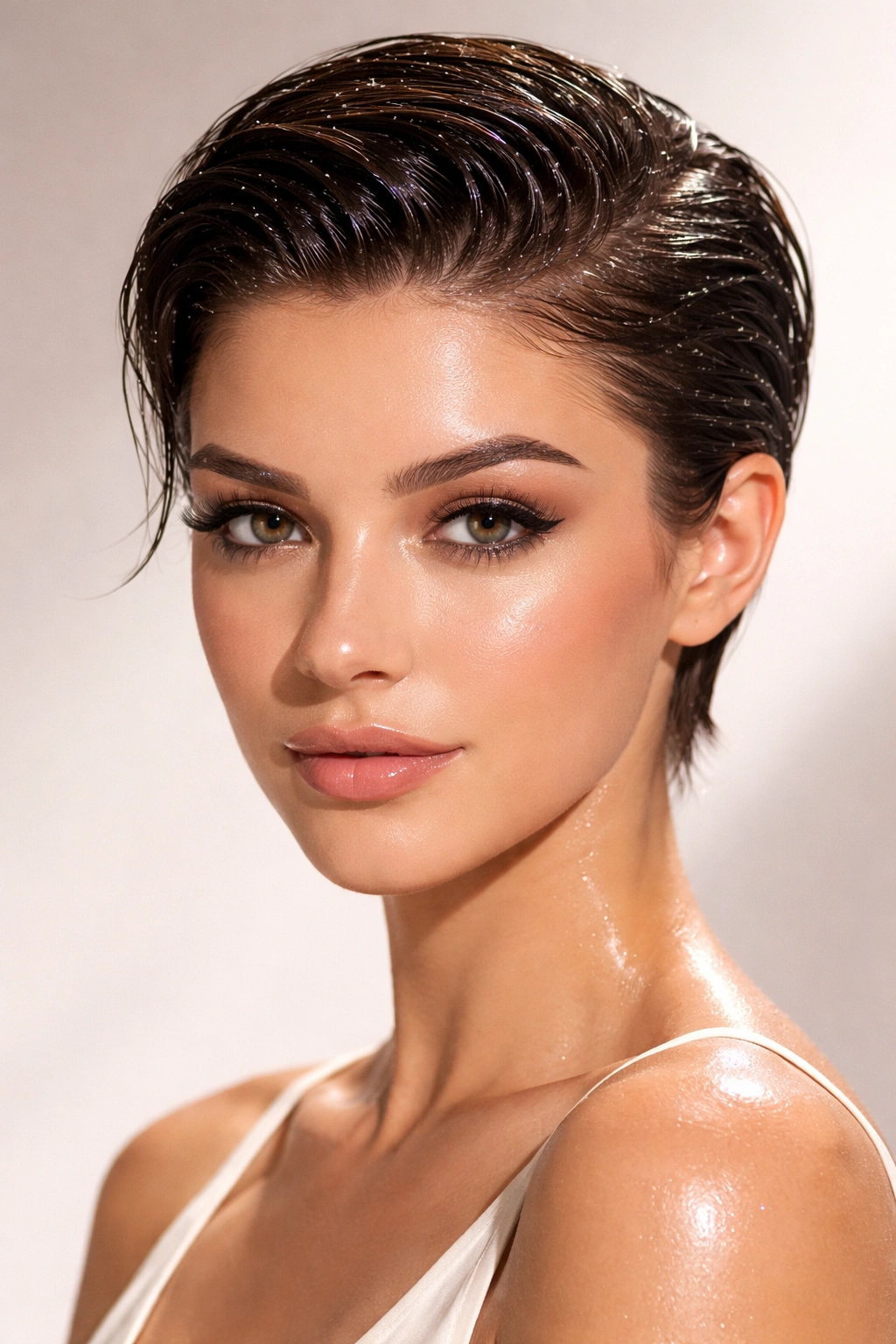 Short hair with a glossy wet-look finish and subtle sparkle