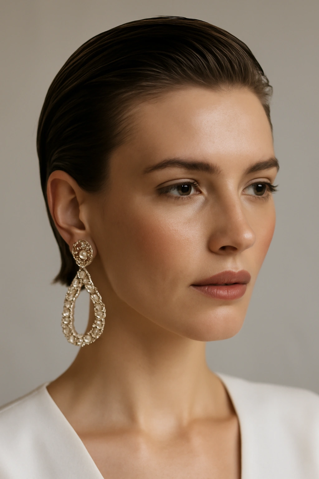 15 Wedding Hairstyles That Look Great on Short Hair 10 Slicked wet-look hairstyle with statement earrings.