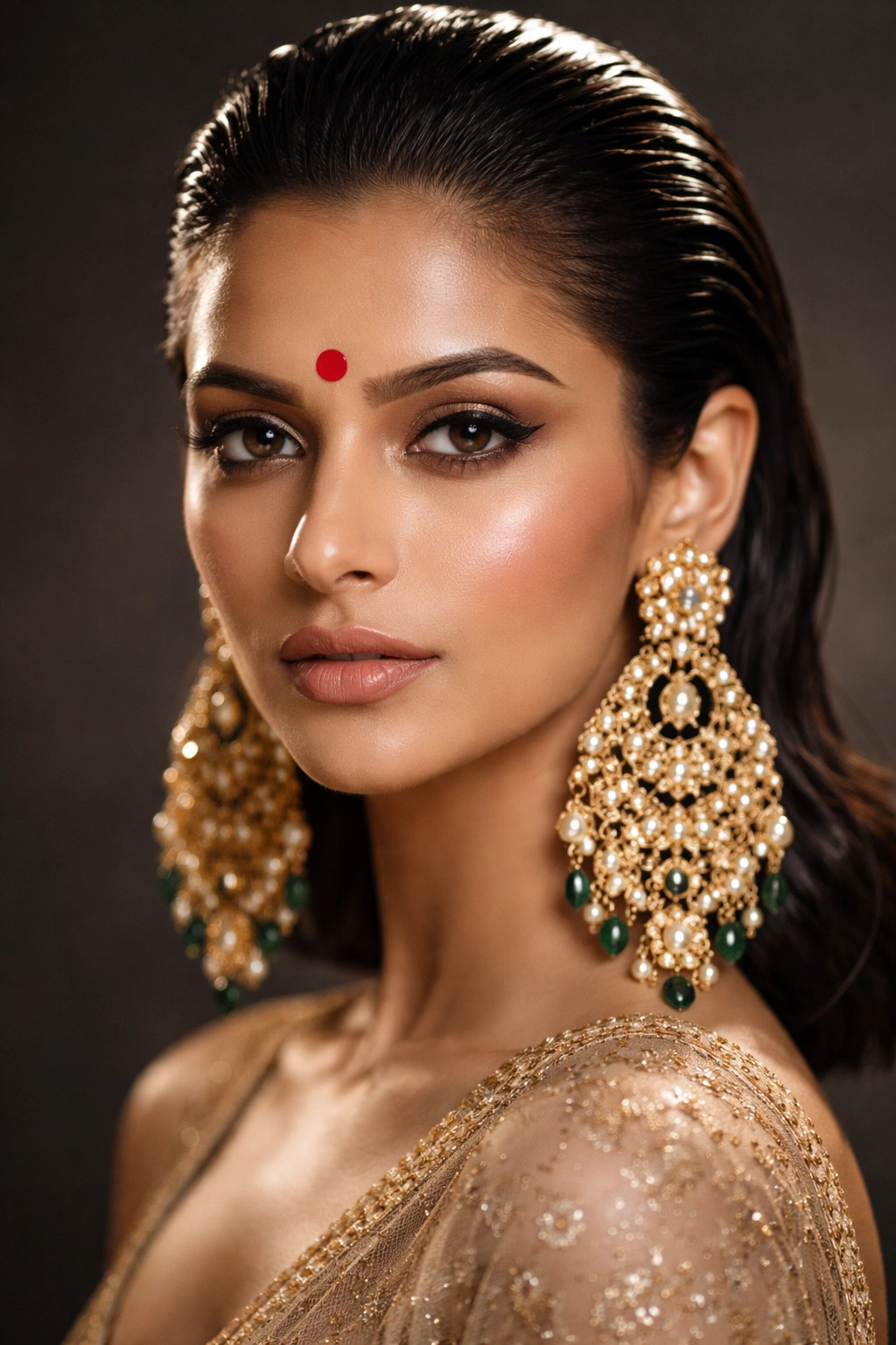 Close-up of a bridal wet-look slicked-back hairstyle with dramatic earrings