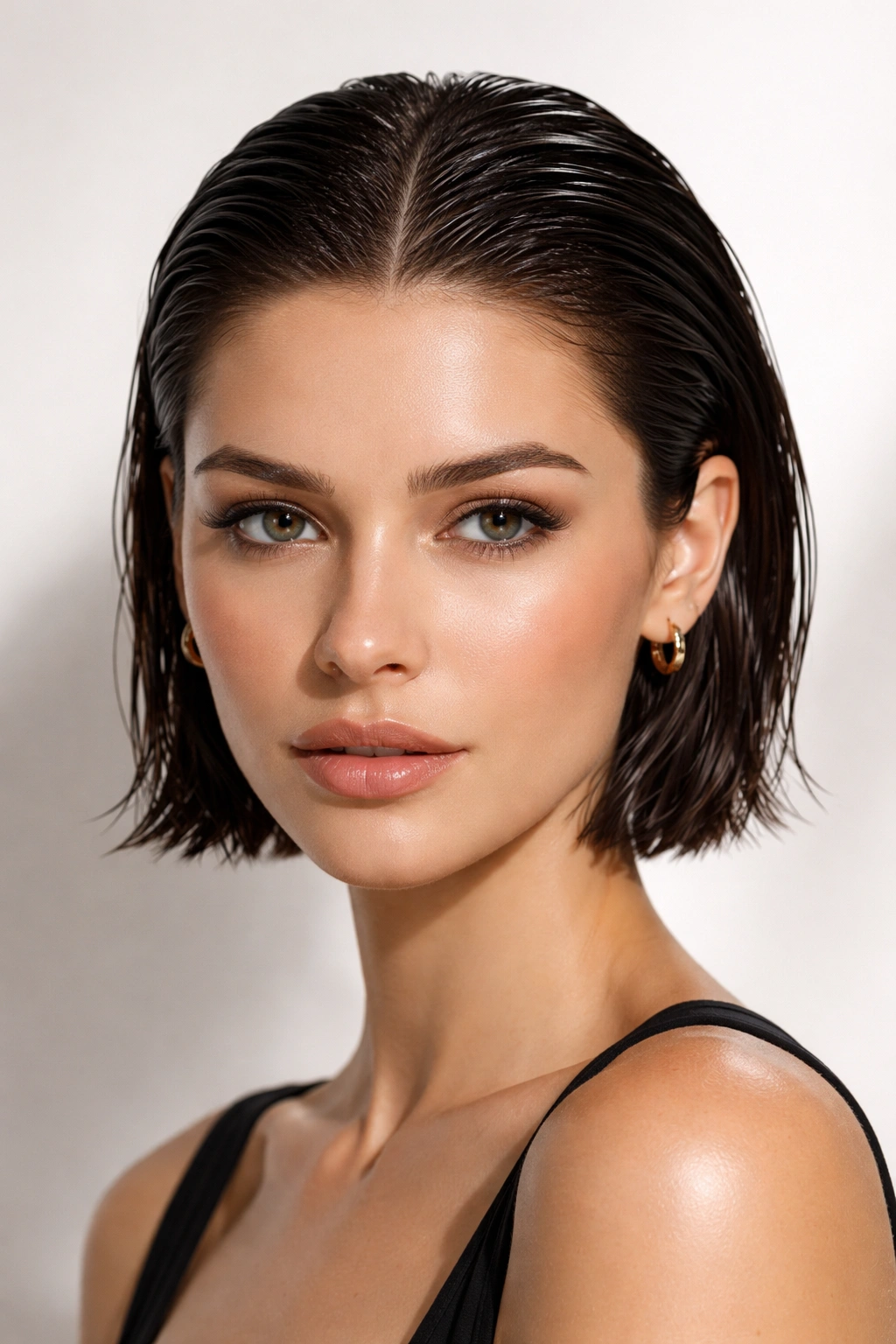 Wet-look short hair with center part and glossy finish in studio portrait