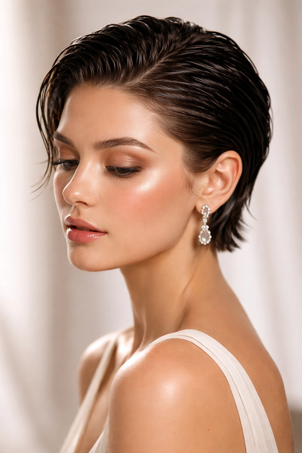 Close-up of glossy wet-look short hair