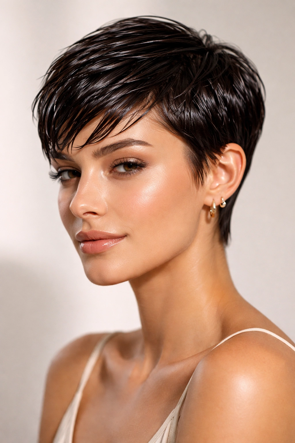 Close-up of sleek wet-look pixie with high shine