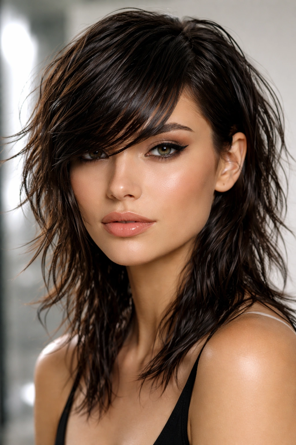 Shag hairstyle with glossy wet-look finish and slicked side-swept bangs