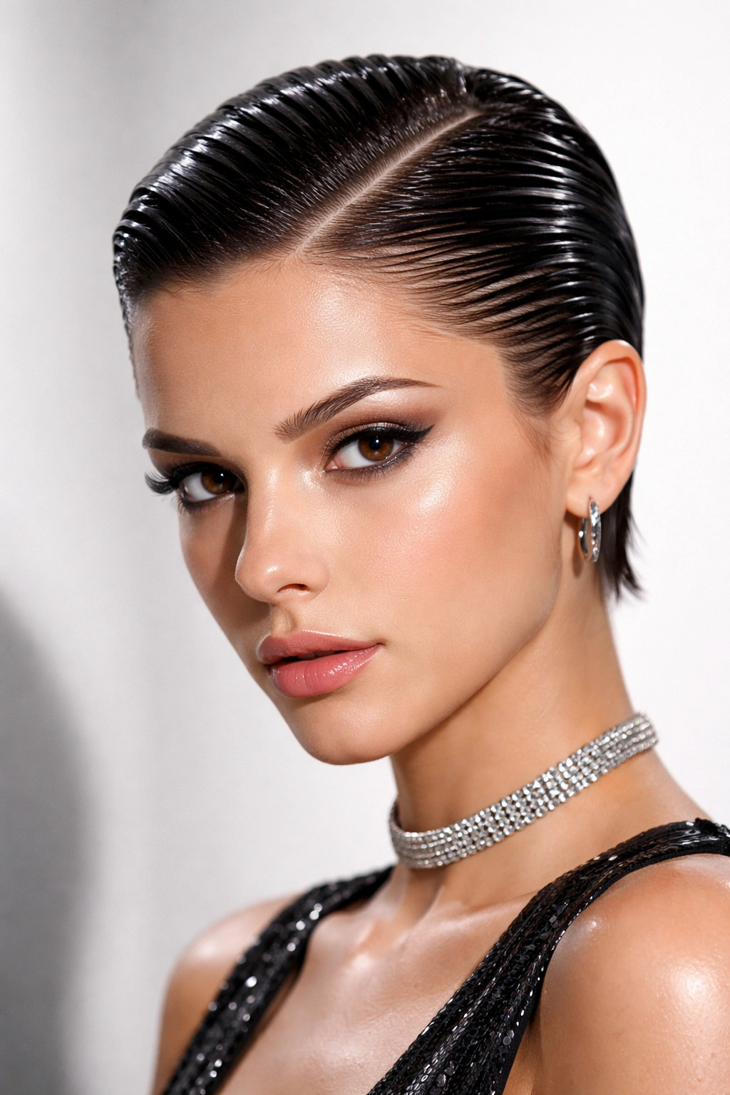Close-up of short hair with a glossy wet-look and sharp lines.