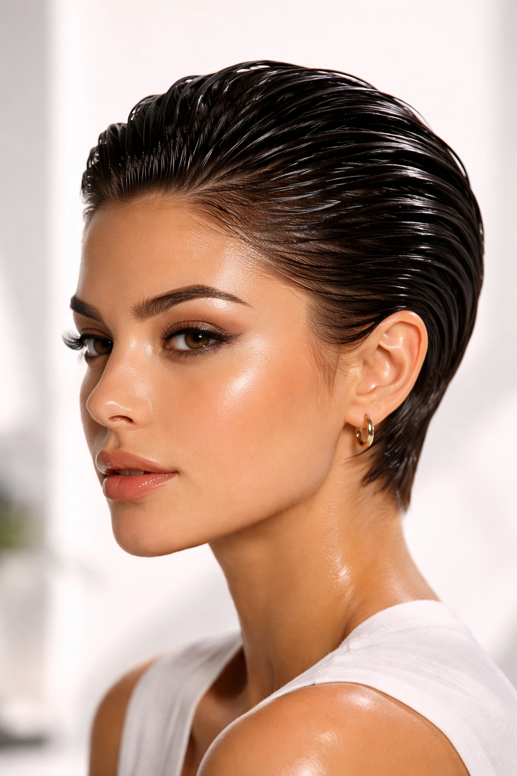 Close-up of a slicked-back high-shine wet-look short hair