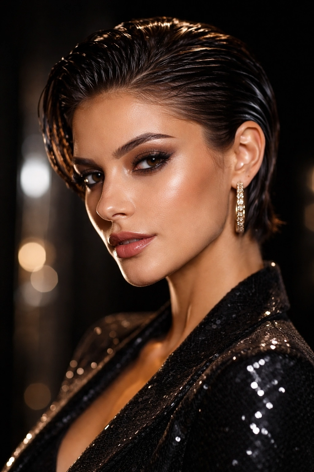 Portrait of a person with a wet-look, high-shine hairstyle in studio lighting.