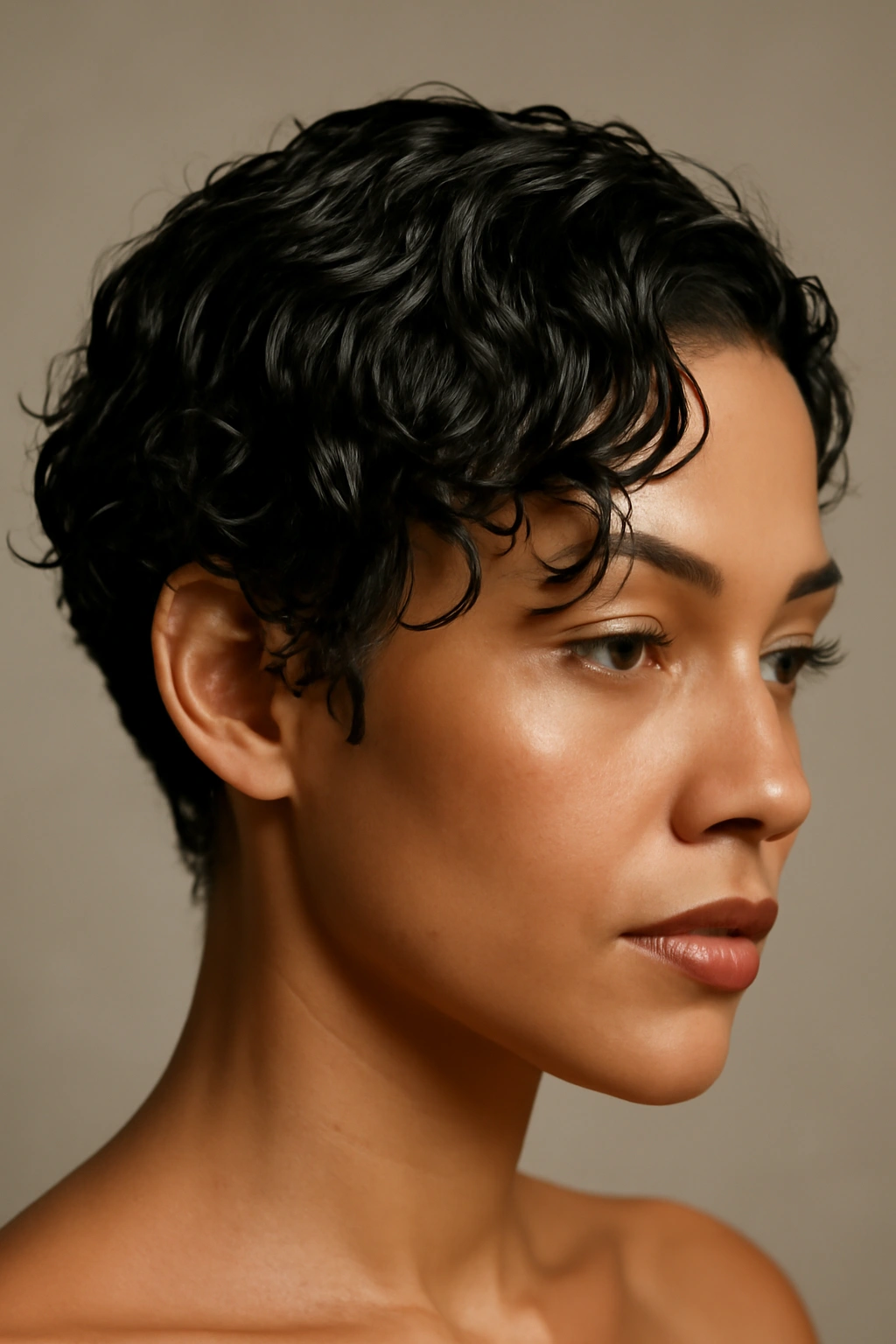 Close-up of a wet-look short cut with glossy waves around the ears