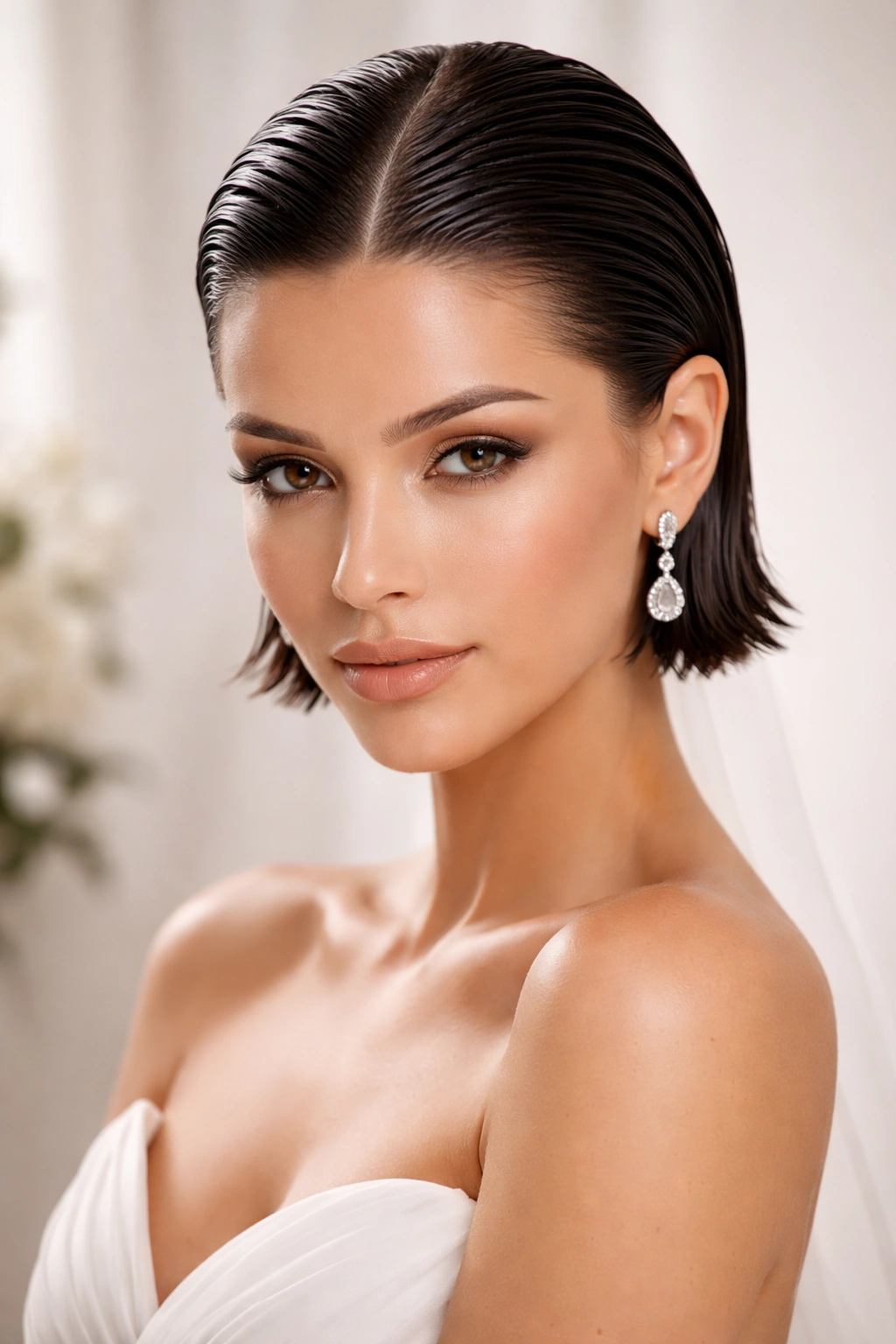 Glossy wet-look sleek hair with dramatic parting