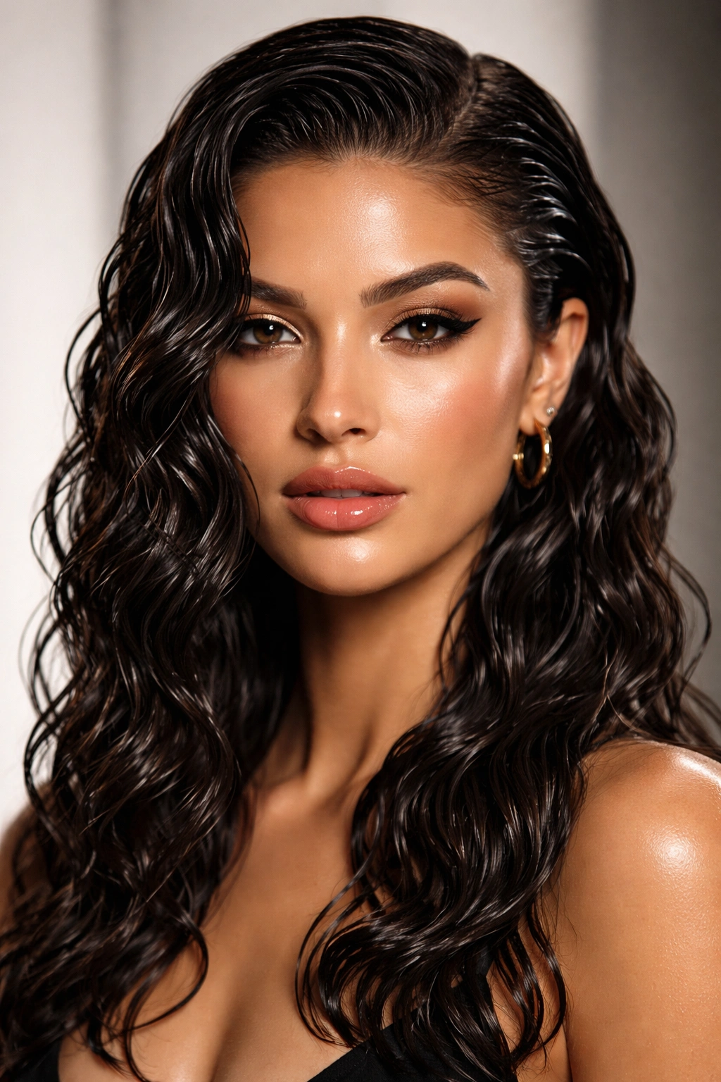 Glossy wet-look waves with high shine and defined curls