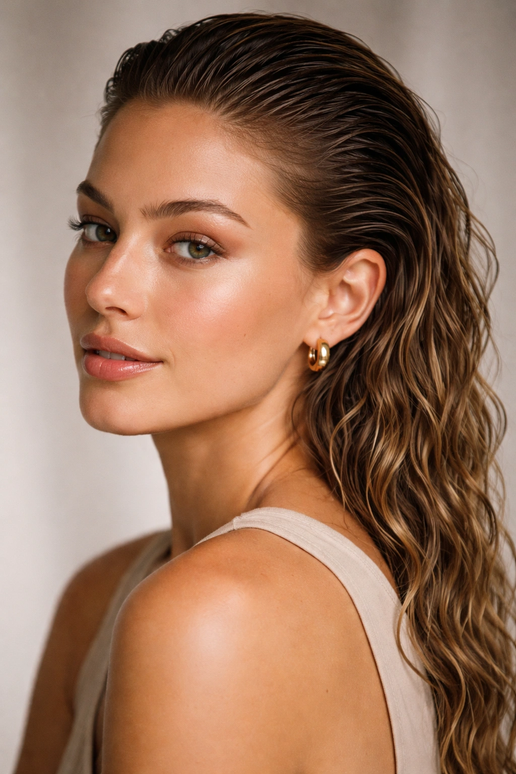 Portrait of a person with glossy, slicked-back wavy hair showing soft shine and natural texture
