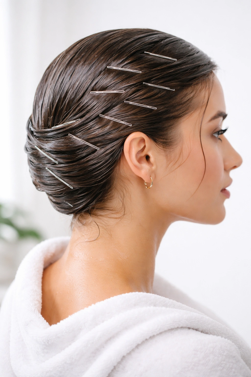 Side view of wrapped damp hair around head with pins securing the wrap