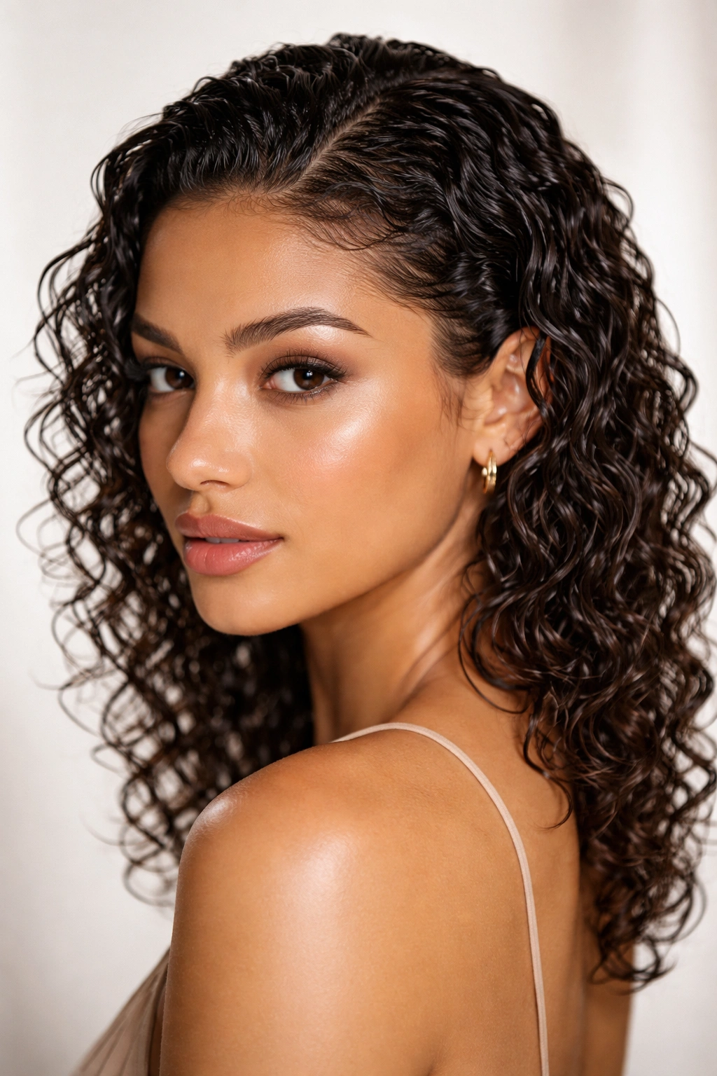 Close-up of glossy wet-look curly hair with defined coils