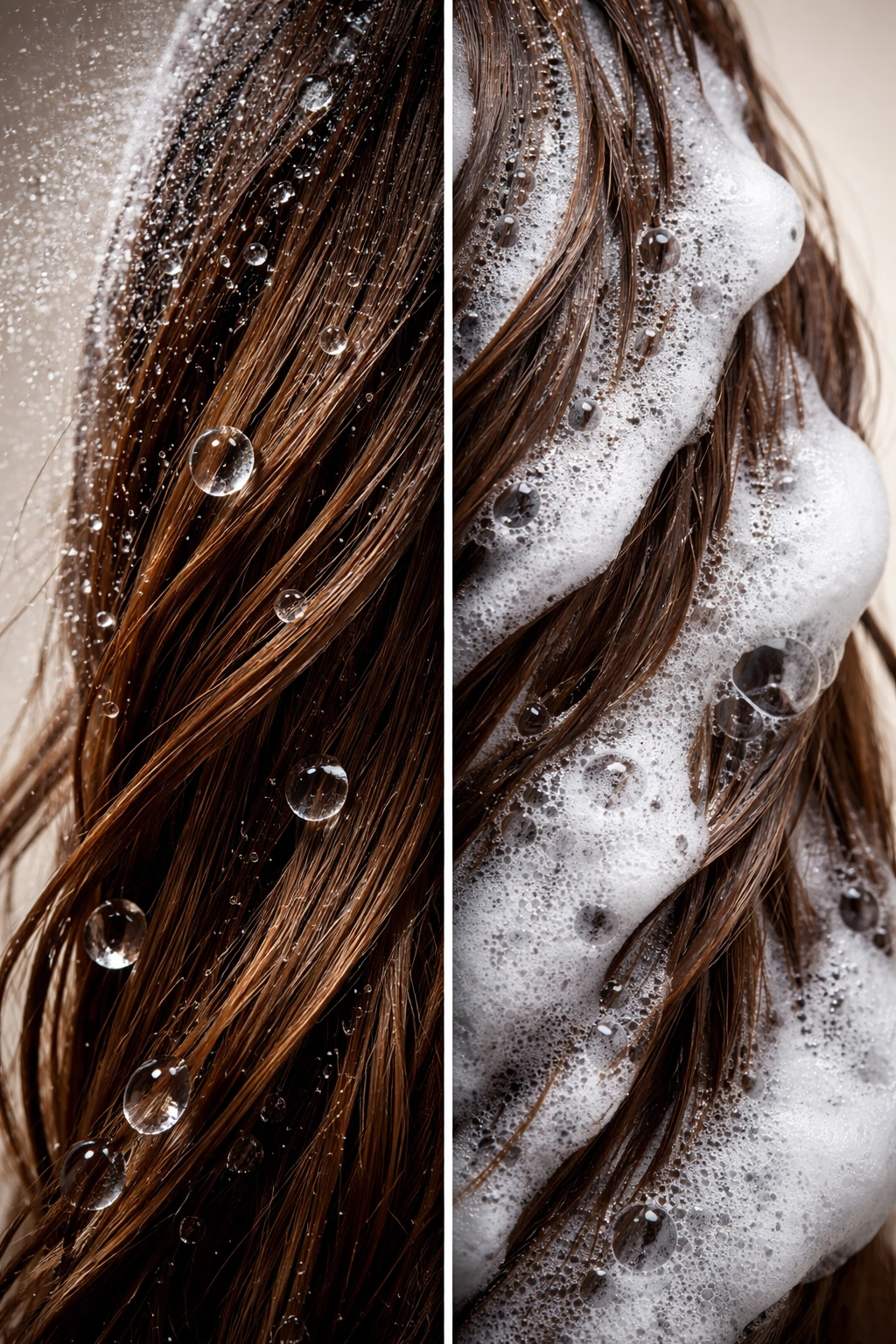 Close-up of hair strand showing wetting vs washing on a strand