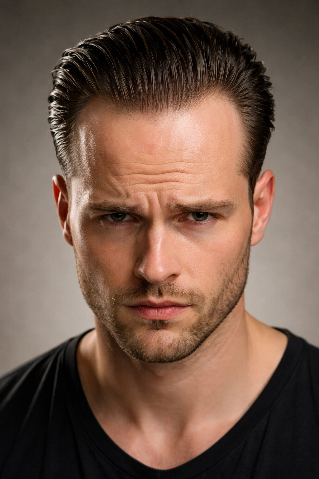 Close-up of an overly slicked-back hairstyle exposing the hairline.