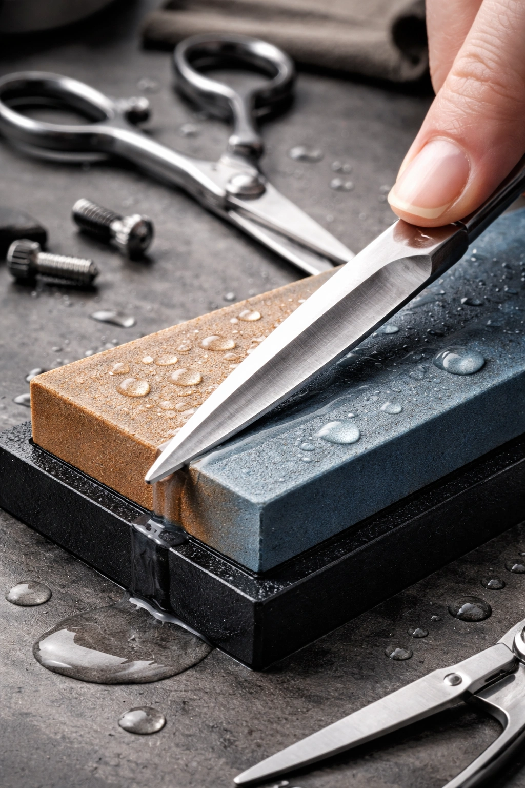 Hair scissors on a two-sided whetstone during sharpening