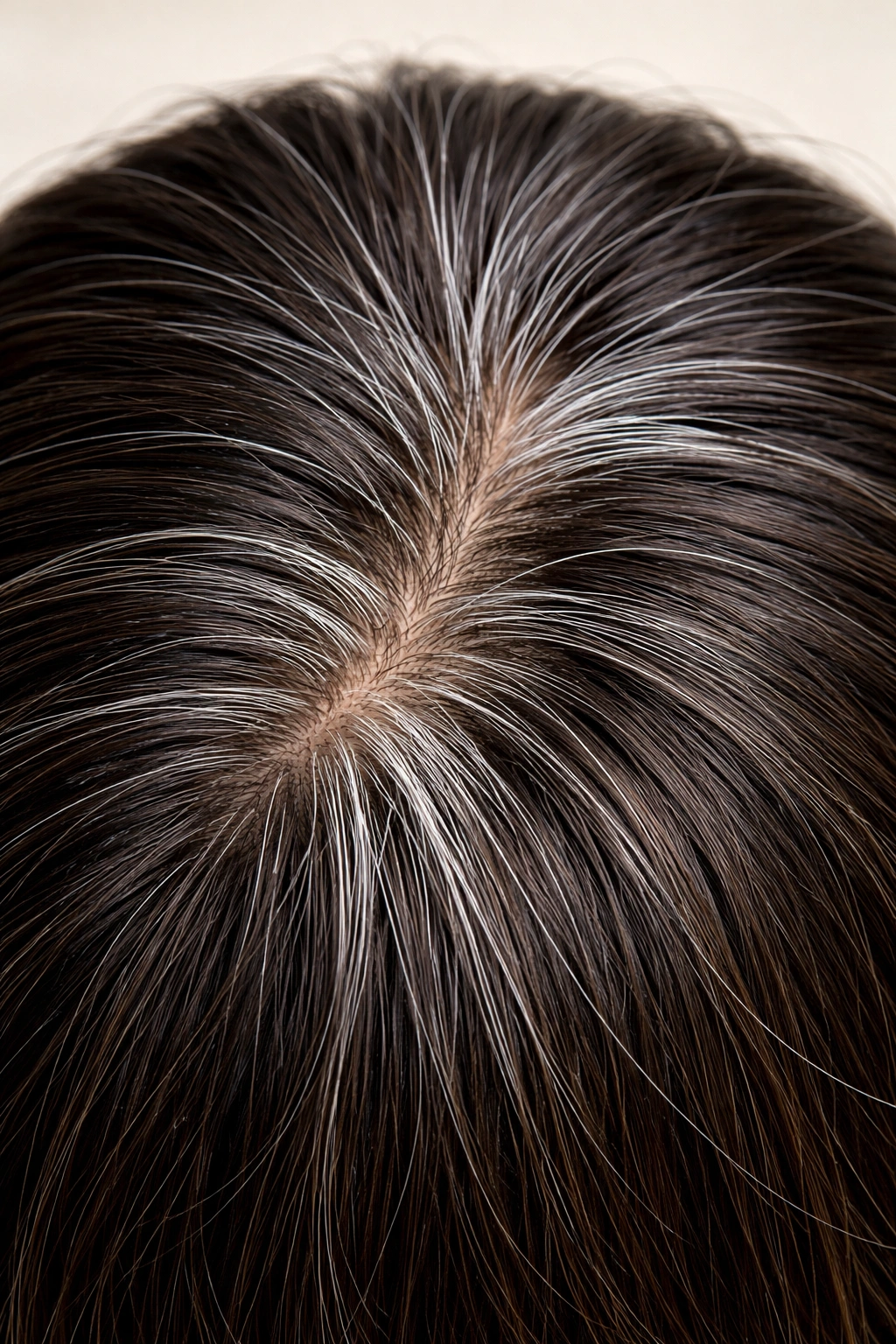 Scalp with clusters of white hairs among dark hairs illustrating gray spread illusion
