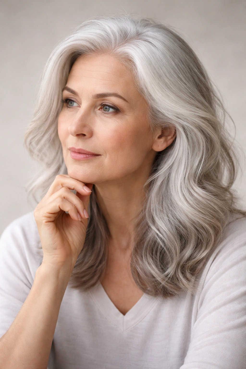 Portrait of a person with white hair in a thoughtful pose against a neutral backdrop