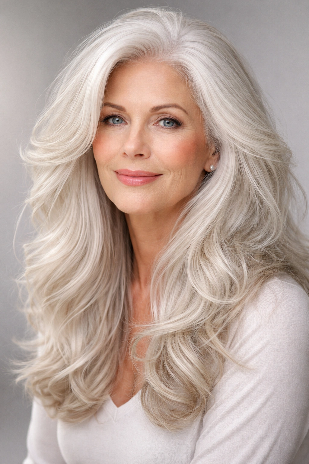Close-up of long white hair with voluminous styling and soft waves in a studio setting
